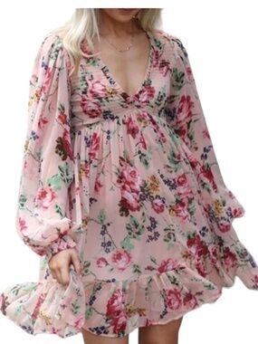 BY TIMO FLORAL PRINT LONG SLEEVE CHIFFON MINI DRESS Small 95%off